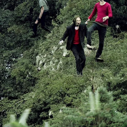 Prompt: Thom Yorke and Jonny Greenwood climbing treeds