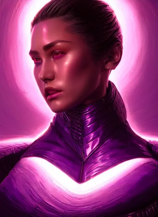 Prompt: top down lighting, extreme close up, stunning portrait of a woman in purple leather future armor with a long black ponytail, purple eye, glowing with void energy, spaceship hallway, intricate, mood lighting, highly detailed, digital painting, artstation, concept art, smooth, sharp focus, illustration, art by wlop, mars ravelo and greg rutkowski