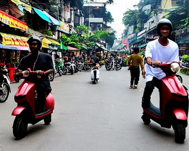 Image similar to kanye west riding scooter in hanoi, a photo in daylight