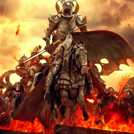 Image similar to cinematic digital art of the last knight from heaven fighting the hordes from hell making this last stand to protect the holy kingdom of heaven as they attack from below