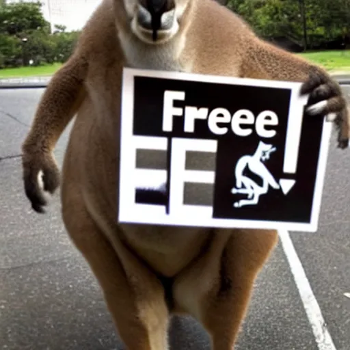 Prompt: < photo hd legible > a kangaroo holding a sign that says'free ross'< / photo >