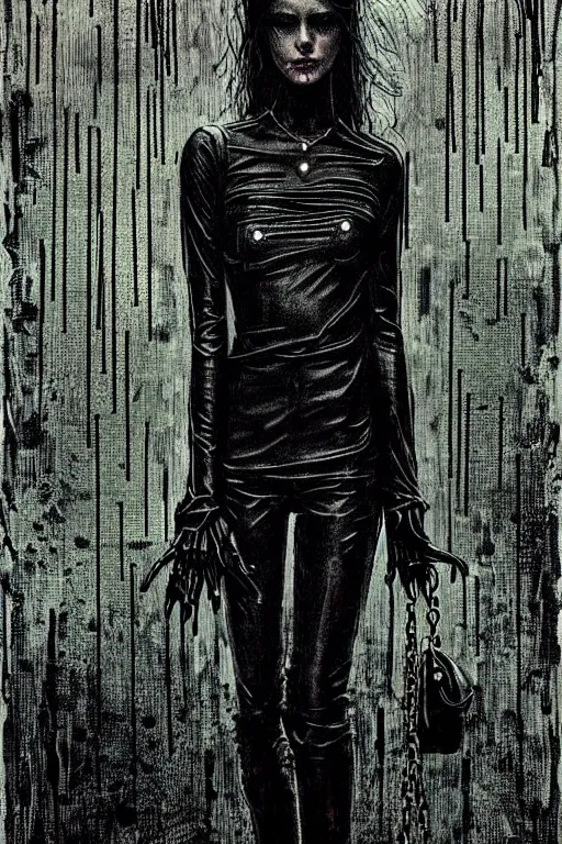 Prompt: dreamy gothic girl, black leather slim clothes, chains, strong rain night, beautiful slim body, detailed acrylic, grunge, intricate complexity, by dan mumford and by alberto giacometti, peter lindbergh