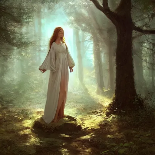 Prompt: A beautiful painting of an angel in a magical forest, ray traced sun light, by greg rutkowski and Kalin Popov , Trending on artstation HD.