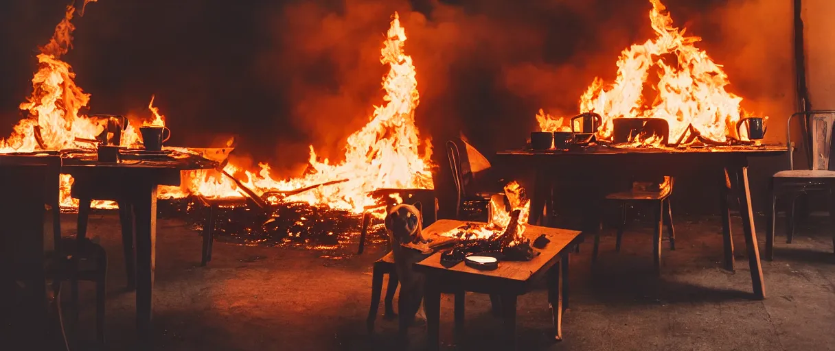 Prompt: a photograph of a big fire on a dining room on fire, only remains a wooden table and a chair (no fire at all there), an human-like relaxed dog sitting at this table, ☕ on the table, surrounded by flames, a lot of flames behind the dog, black smoke instead of the ceiling, no watermark