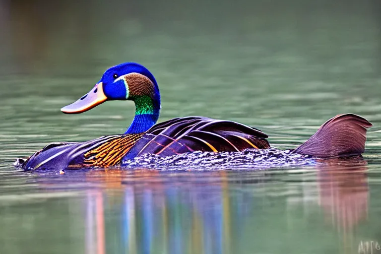 Prompt: a colorful fantasy mallard floating on a lake in the mountains, cascadia