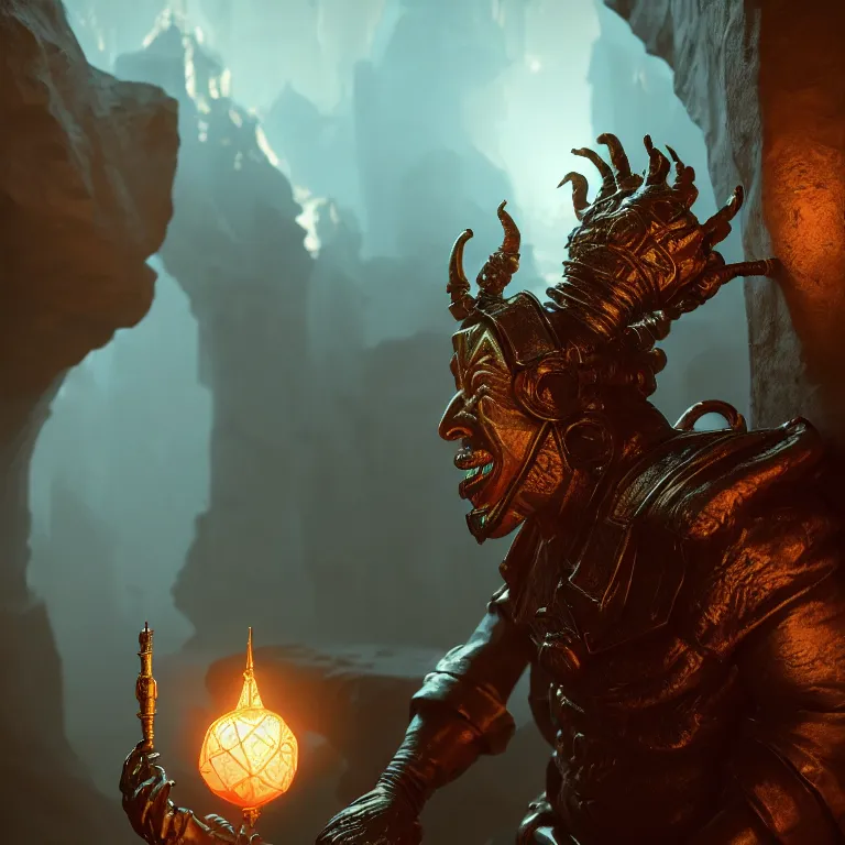 Prompt: a cinematic shot of jester god, hyperdimensional, scintillating, impressive, octane render, volumetric lighting, nvidia raytracing demo, by Andy Thomas, Mario Martinez, Daniel Mirante, Gustave Dore, Artstation, CGsociety, masterpiece