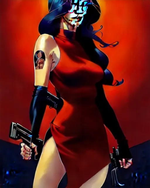 Image similar to artgerm, joshua middleton comic cover art, full body pretty megan fox holding a shotgun, red dress, symmetrical eyes, symmetrical face, long curly black hair, dark city background, cinematic lighting