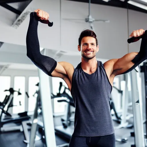 Image similar to rich young man, 3 2 years old, with short stubble, caramel - colored hair, muscles wrapped in polyester tank top, silver short leggings, taking selfie at camera in private gym