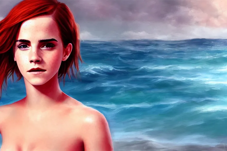 Image similar to Red-haired beauty Emma Watson in a bikini, highly detailed, mid-shot ,pixiv , digital painting , concept art