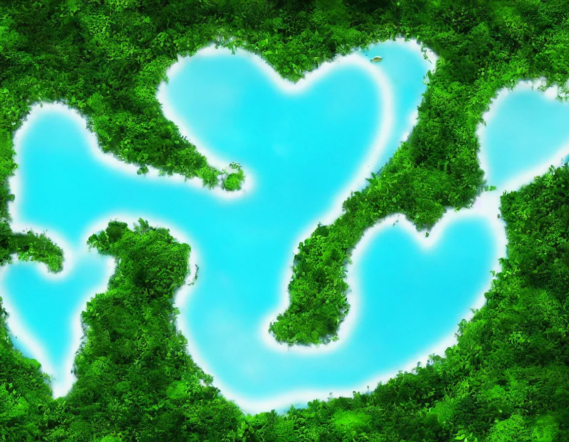 Image similar to a photo of fantasy exotic green heart / shaped island with blue lagoon, tranquil scene, trending on artstation, featured on pixiv