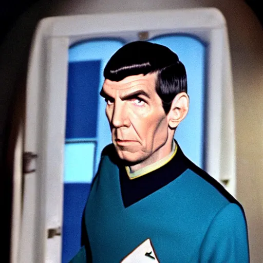 Prompt: color photo of mr spock exiting the tardis