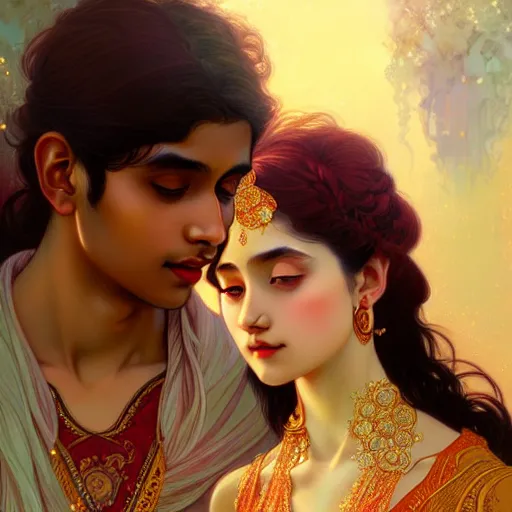 Image similar to portrait of beautiful young bengali romantic couple fantasy, intricate and very very beautiful and elegant, highly detailed, digital painting, artstation, concept art, smooth and sharp focus, illustration, art by tan zi and ayanamikodon and alphonse mucha and wlop