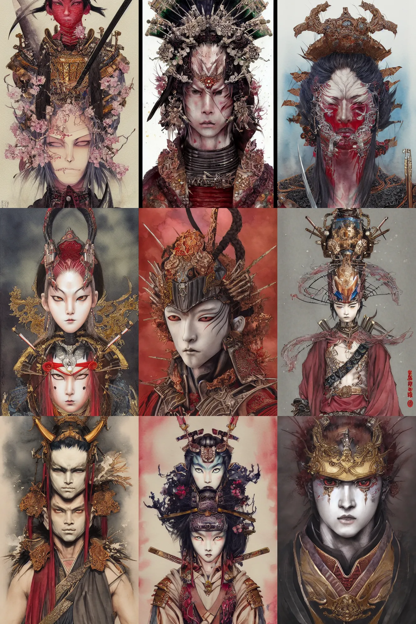 Prompt: watercolor painting of a male japanese bjd samurai warrior magus wearing a mempo in the style of dark - fantasy painted by yoshitaka amano, tom bagshaw, ayami kojima, dmt art, symmetrical vogue face portrait, intricate detail, artstation, cgsociety, artgerm, rococo, sakura flowers, red, bronze