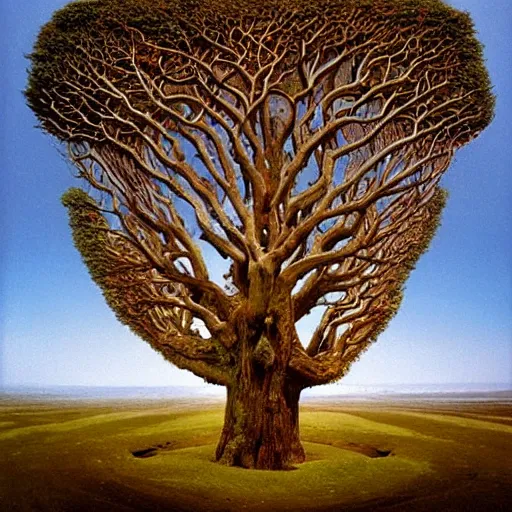 Image similar to A 10,000 year old tree, based on the golden ratio, with a symmetrical landscape, perfect balance, by Steve McCurry and Beksinski