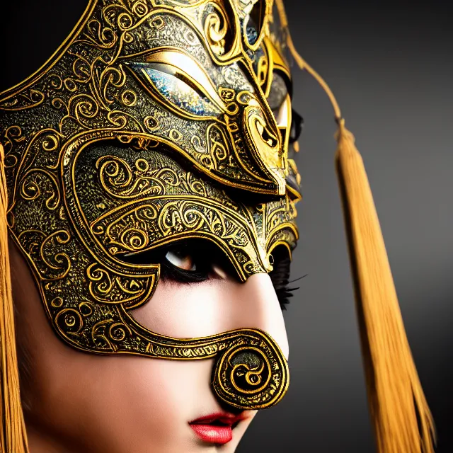 Prompt: female warrior with ornate venetian mask highly detailed, 4 k, hdr, close up, portrait, smooth, sharp focus, high resolution, award - winning photo