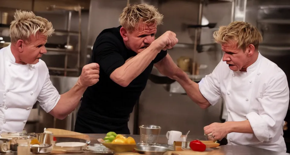 Image similar to photo of angry furious Gordon Ramsay punching Gordon Ramsay at the kitchen