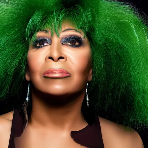 Image similar to tina turner portrait, green turnip hair, colored, dslr, photoshoot