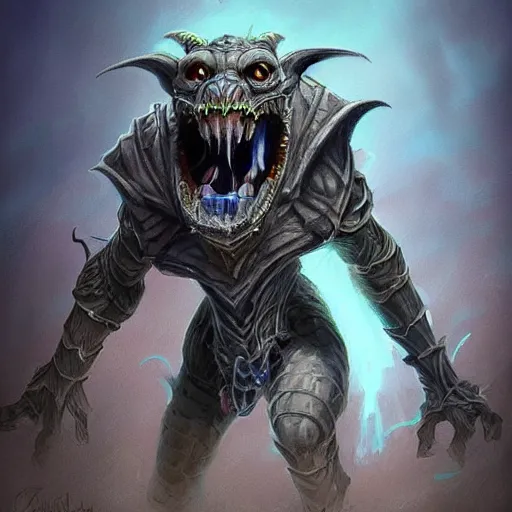 Prompt: a highly detailed goblin with grey skin and blue eyes that glow, made of wind, like magic the gathering, goblin chainwalker, digital art, by christopher rush