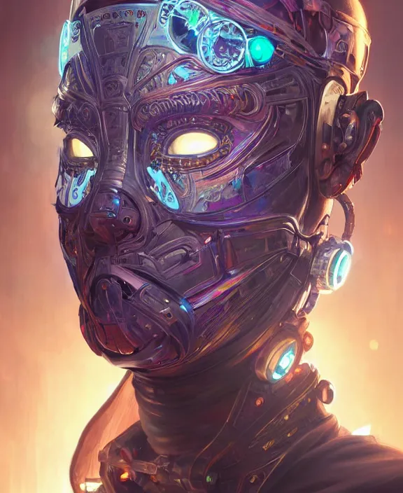 Prompt: portrait of a cyberpunk masked evil, half body, glowin eyes, d & d, fantasy, intricate, elegant, highly detailed, colorful, vivid color, digital painting, artstation, concept art, art by artgerm and greg rutkowski and alphonse mucha and ruan jia