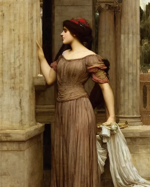 Image similar to portrait en buste of annasophia robb in greek dress by John William Waterhouse, Frederic Leighton, Edmund Blair Leighton, true-to-life, flowing realistic fabric, abundant detail
