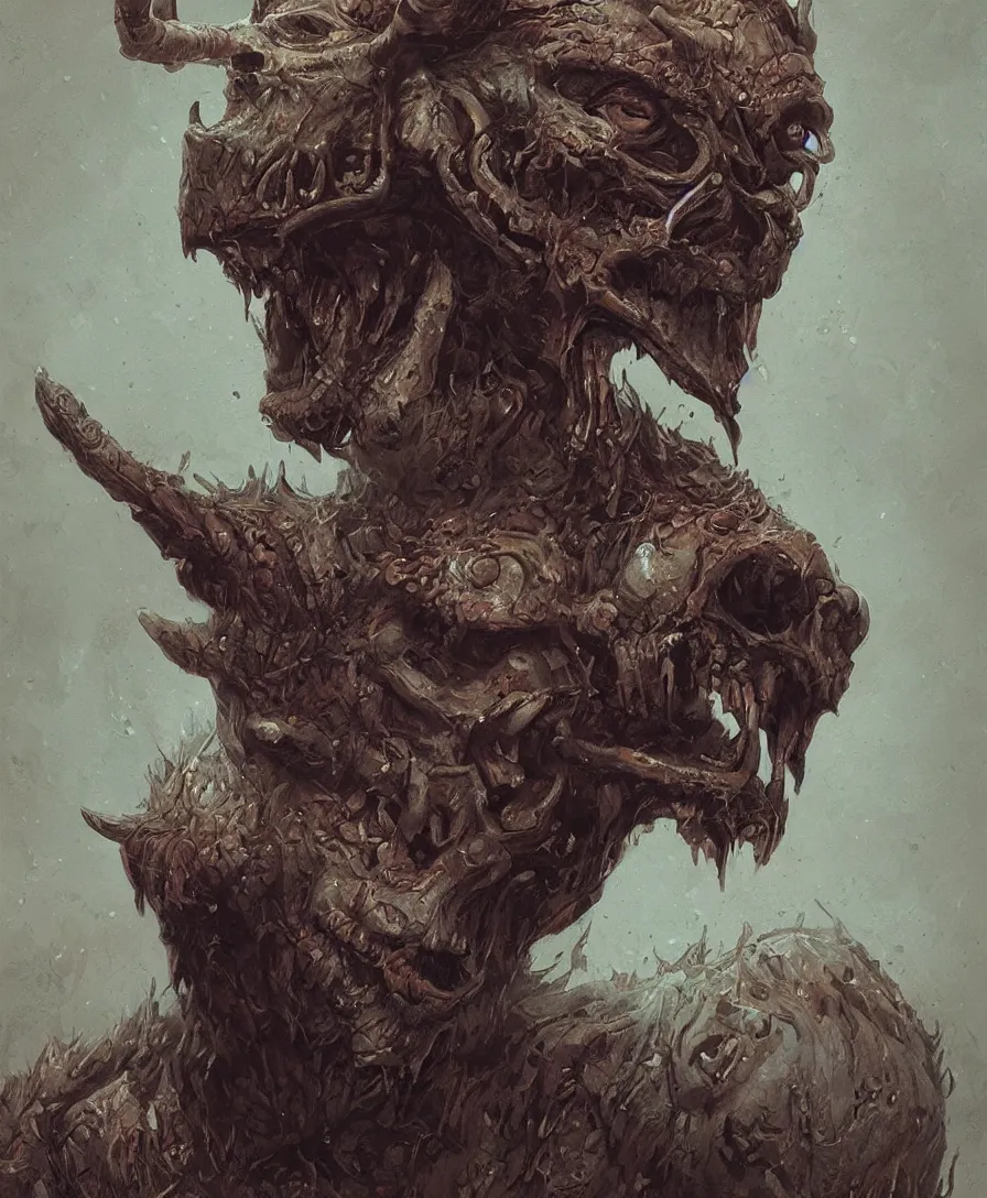 Image similar to bust portrait close up devil with skull on hand, illustrated by Simon Stålenhag and Gaston Bussiere, intricate, ultra detailed, photorealistic, trending on artstation