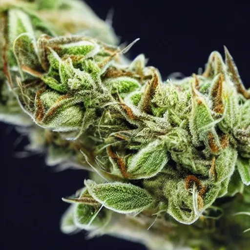 Image similar to marijuana flower with buds covered in trichomes, close - up highly - detailed