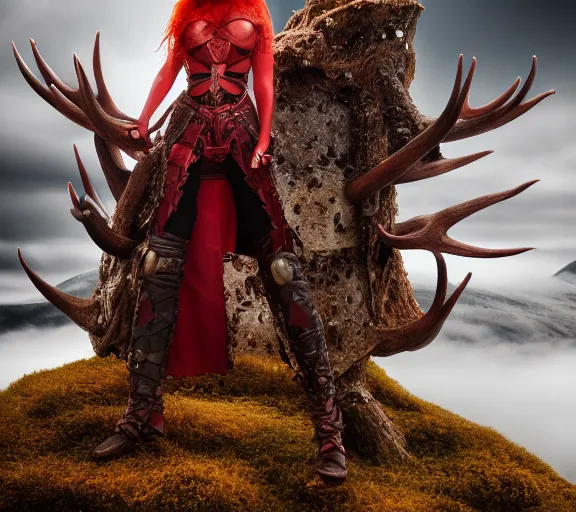 Image similar to a photo of an armored woman warrior redhead with antlers sitting on a giant red cap mushroom that covers a whole village and reaches above the clouds by luis royo. intricate. lifelike. soft light. sony a 7 r iv 5 5 mm. cinematic post - processing