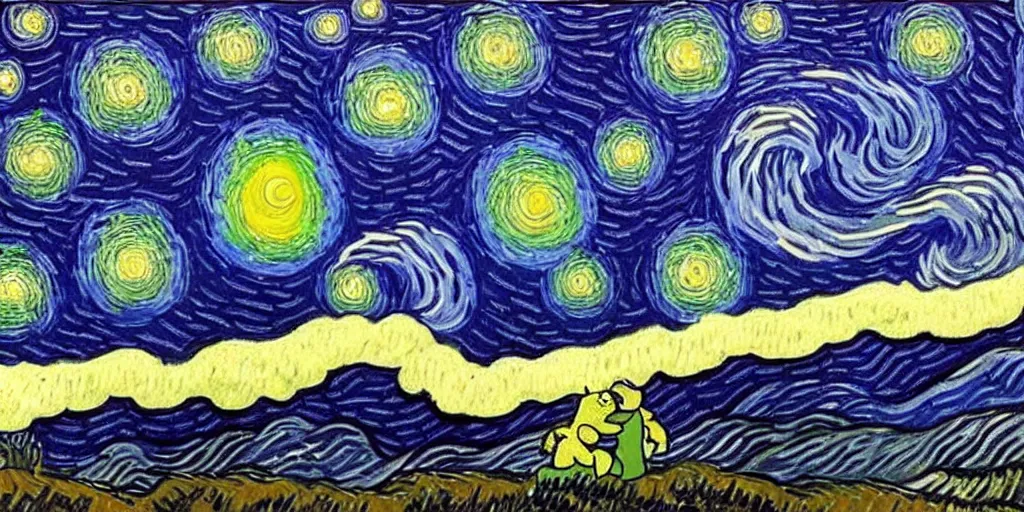 Image similar to painting of a starry night sky with homer simpson in a village, art by vincent van gogh