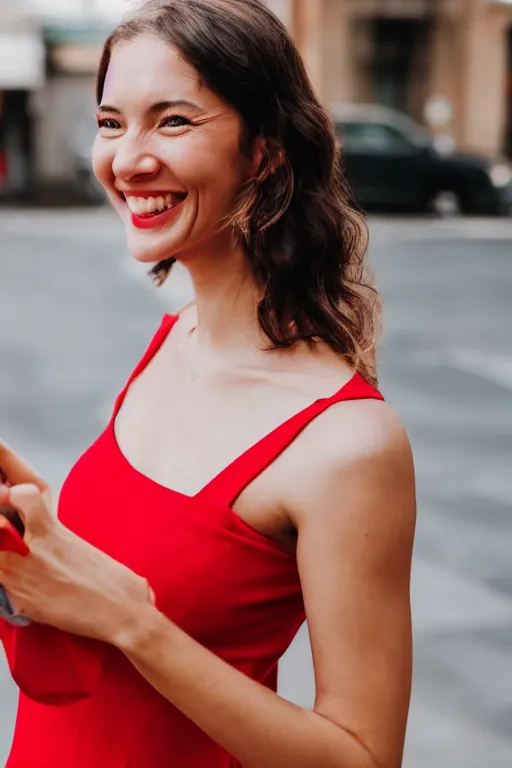 Prompt: blurry close up photo portrait of a smiling pretty woman in a red sleeveless dress, out of focus, street scene