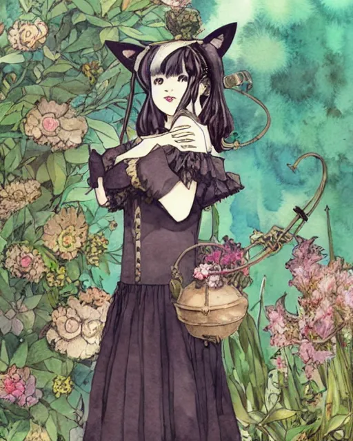 Prompt: middle woman with cat ears, wearing a lovely dress in a steampunk garden. this watercolor painting by the award - winning mangaka has impeccable lighting, an interesting color scheme and intricate details.