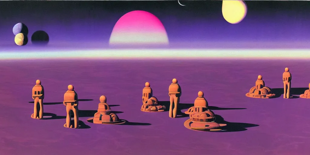 Image similar to surreal painting by chesley bonestell!!, twelve astronauts sitting by the river with a big holiday cake + psychedelic vegetation + purple, pink, blue + planets and stars + mystical fog, vintage sci - fi style of the 5 0 s, rule of the third!!!!, line graphics, 8 k, super detail, high quality