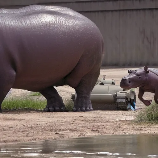 Prompt: Hippo stares down tank