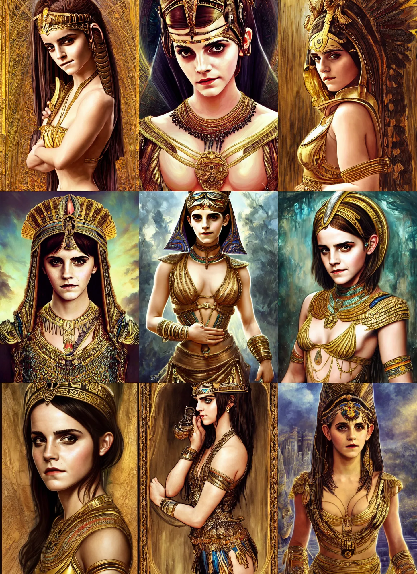 Prompt: Emma Watson as Cleopatra, cleopatra costume, cute, fantasy, intricate, elegant, highly detailed, digital painting, 4k, HDR, concept art, smooth, sharp focus, illustration, art by artgerm and H R Giger and alphonse mucha
