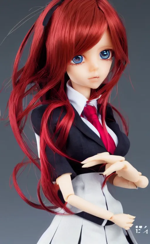 Image similar to dollfie in office suit with skirt, red hair, blue eyes,