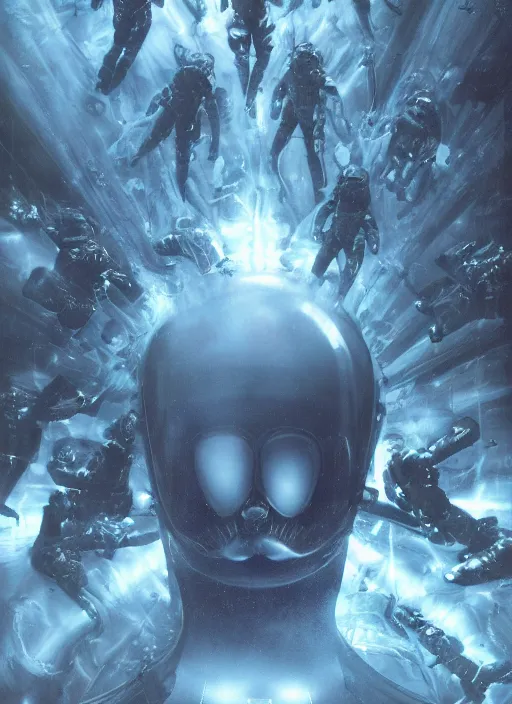 Image similar to astronauts in dark void underwater - complex and hyperdetailed technical suit. reflection and dispersion materials. rays and dispersion of light. volumetric light. f / 3 2. noise film photo. flash photography. ultra realistic, wide angle. poster by wayne barlowe, hajime sorayama aaron horkey, craig mullins