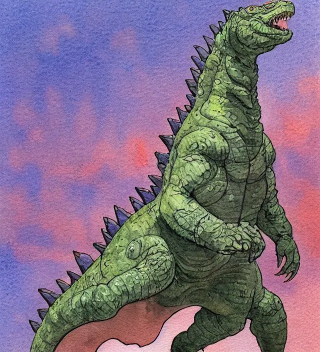 Image similar to a 3 / 4 view watercolor ink painting of godzilla with a glock in the style of jean giraud in the style of moebius trending on artstation deviantart pinterest detailed realistic hd 8 k high resolution