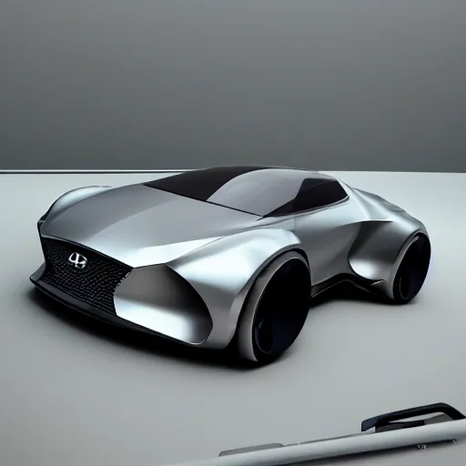 Image similar to Hyundai angular concept car, 3d render, unreal engine 5, octane render, 4k, low contrast, ray tracing, serene landscape, calm, relaxing, beautiful landscape, highly detailed, high quality, product photo, hyperrealistic, concept art, symmetrical, centered, godrays