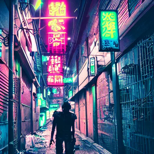 Prompt: cyberpunk neotokyo alleyway lined with neon signs and filled with zombies