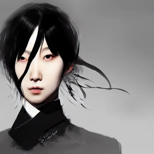 Image similar to portrait of a beautiful korean girl wearing a men's tuxedo, with bangs, very long hair and bangs, angular features, angry expression, dramatic lighting, illustration by Greg rutkowski, yoji shinkawa, 4k, digital art, concept art, trending on artstation