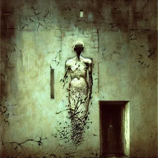 Prompt: graffiti done by zdzislaw beksinski, graffiti on the walls, distressed