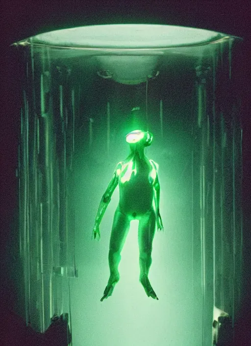 Image similar to a weird humanoid creature is suspended in a tank of dense liquid, weightlessness, tubes coming from the top of the tank connecting to the creature's body, back lit, blinding green glow creates a lens flare, 35 mm film photography