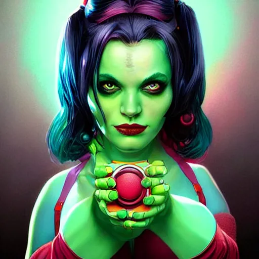 Prompt: lofi biopunk portrait harley quinn as shehulk, pixar style, by tristan eaton stanley artgerm and tom bagshaw.