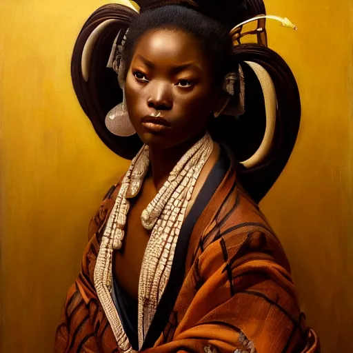 Image similar to highly detailed oil painting | very intricate | cinematic lighting | award - winning | the african geisha in an exquisite himba kimono | by roberto ferri, by tom bagshaw, by j. c. leyendecker and klimt, beautiful cinematic light, american romanticism, by austin osman spare, artstation, cgsociety, official art, octane