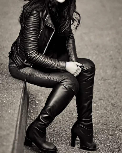 Prompt: young girl in her 20s, she wears a leather jacket and knee high boots, full body portrait, taken by a nikon, intricate, cinematic, wonderful dark hair