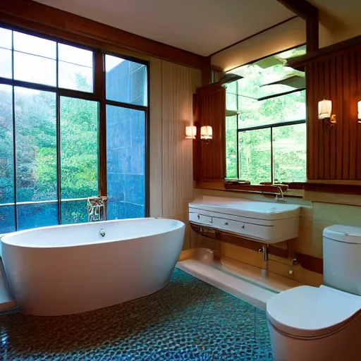 Image similar to a large stocked bathroom designed by Frank Lloyd Wright, bright lights, a bidet, a toilet, two cabinets, a full mirror, wide angle shot