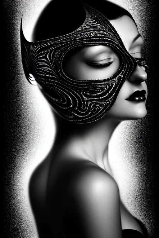 Image similar to portrait of a young beautiful woman with a mask. contemporary photograph, speed painting, fractal, mandelbulb. black and white, black on black. intricate, elegant, super highly detailed, professional digital painting, smooth, extreme illustration, Unreal Engine 5, Photorealism, HD quality, 8k resolution, 3D, beautiful, cinematic, art. art deco, man ray.