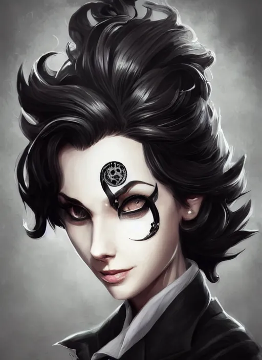 Image similar to a highly detailed illustration of beautiful short black messy haired woman wearing eyepatch!!! and noir style suit and tie, dramatic smiling pose, intricate, elegant, highly detailed, centered, digital painting, artstation, concept art, smooth, sharp focus, league of legends concept art, WLOP