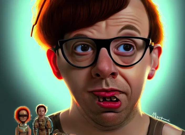 Prompt: young rick moranis with brown hair and a brown goatee beard in the fifth element, far future, highly detailed, trending on artstation, intricate, cinematic composition, by rutkowski