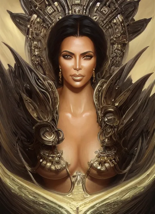 Prompt: nyx the deity retribution played by kim kardashian, shamanic poste, elegant, highly detailed, centered, digital painting, artstation, concept art, smooth, sharp focus, illustration, artgerm, tomasz alen kopera, peter mohrbacher, donato giancola, joseph christian leyendecker, wlop, frank frazetta