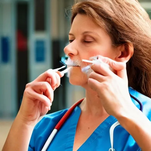 Image similar to a nurse smoking a cigarette outside a hospital during their break